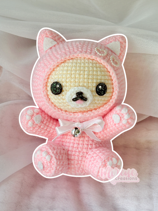 Pink Korilakkuma in a Kitty Suit Crochet Plushie
