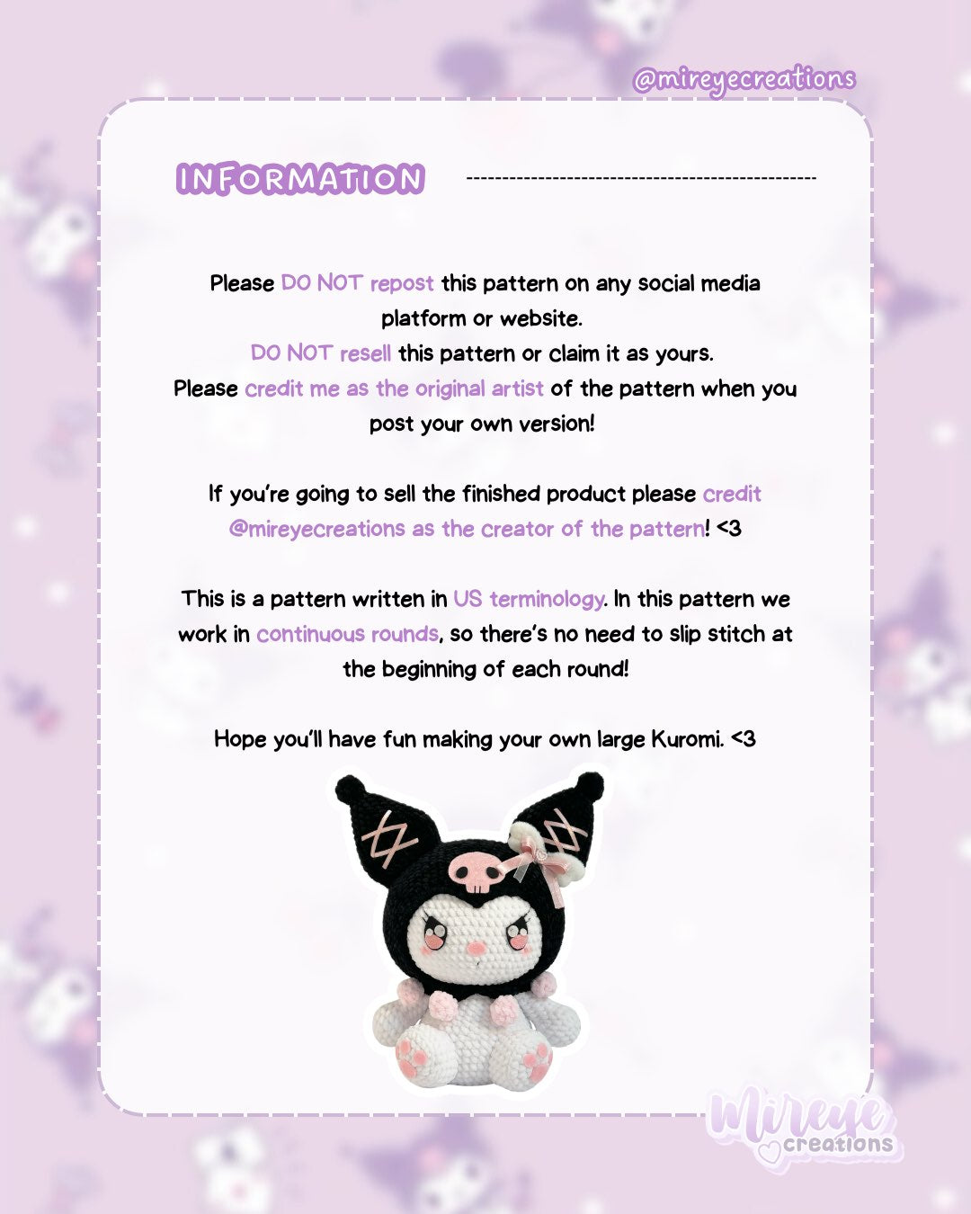 Large Kuromi PDF Crochet Pattern
